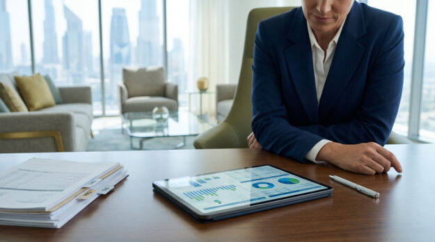 Professionnelle en costume consultant des graphiques financiers sur une tablette dans un bureau moderne à Dubaï.
