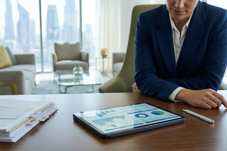 Professionnelle en costume consultant des graphiques financiers sur une tablette dans un bureau moderne à Dubaï.