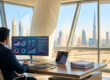 Un homme d'affaires travaillant sur des données e-commerce face à la skyline de Dubaï.