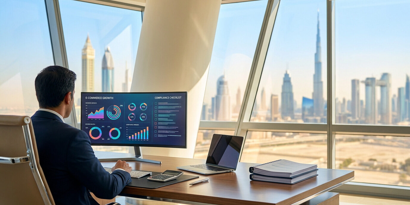 Un homme d'affaires travaillant sur des données e-commerce face à la skyline de Dubaï.