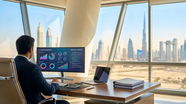 Un homme d'affaires travaillant sur des données e-commerce face à la skyline de Dubaï.
