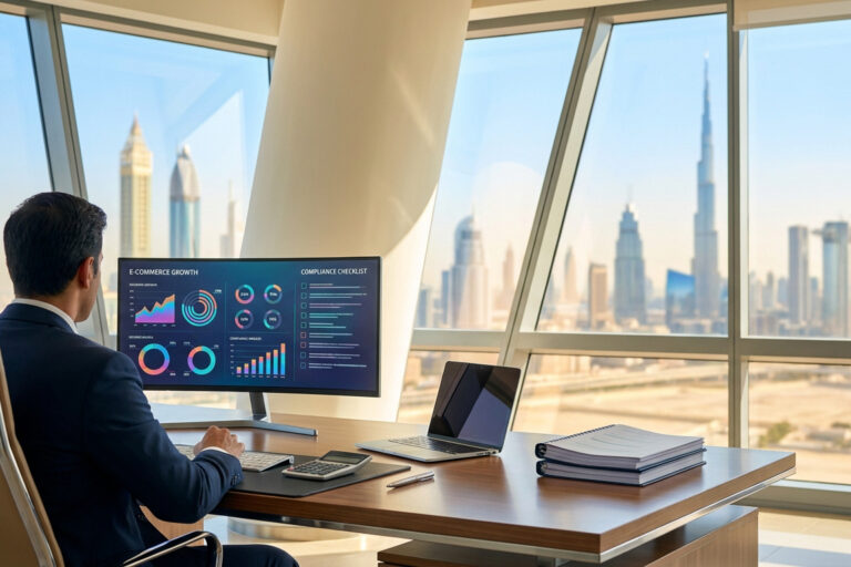 Un homme d'affaires travaillant sur des données e-commerce face à la skyline de Dubaï.