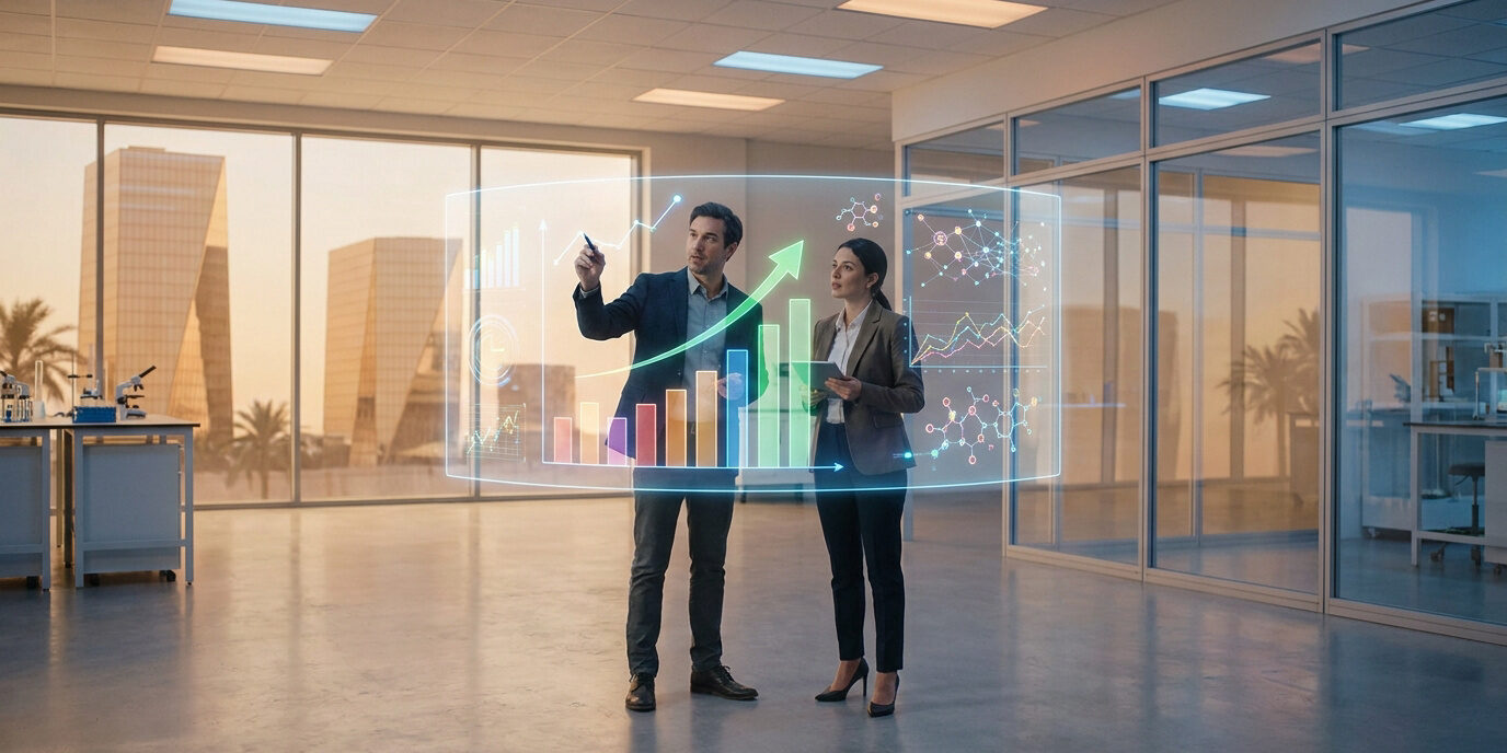 Optimisation R&D aux Émirats Deux professionnels analysent des graphiques holographiques de recherche et développement dans un bureau moderne.
