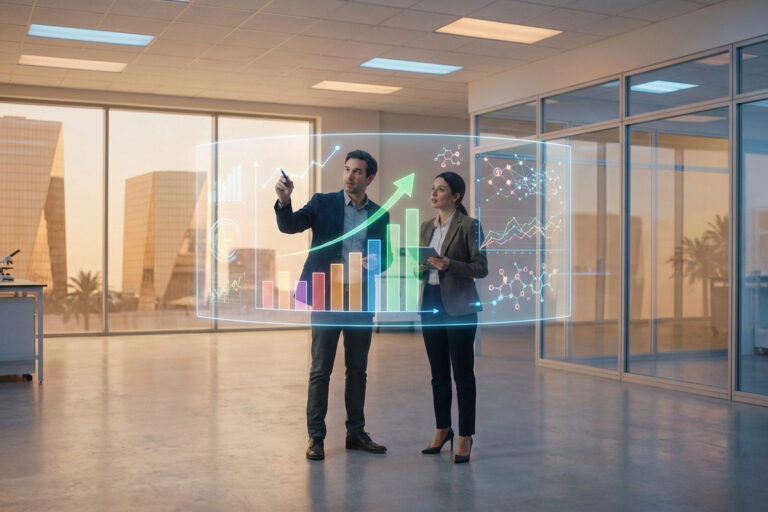 Deux professionnels analysent des graphiques holographiques de recherche et développement dans un bureau moderne.