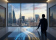 Un cadre d'entreprise observe une skyline urbaine depuis un bureau moderne avec une table holographique interactive.