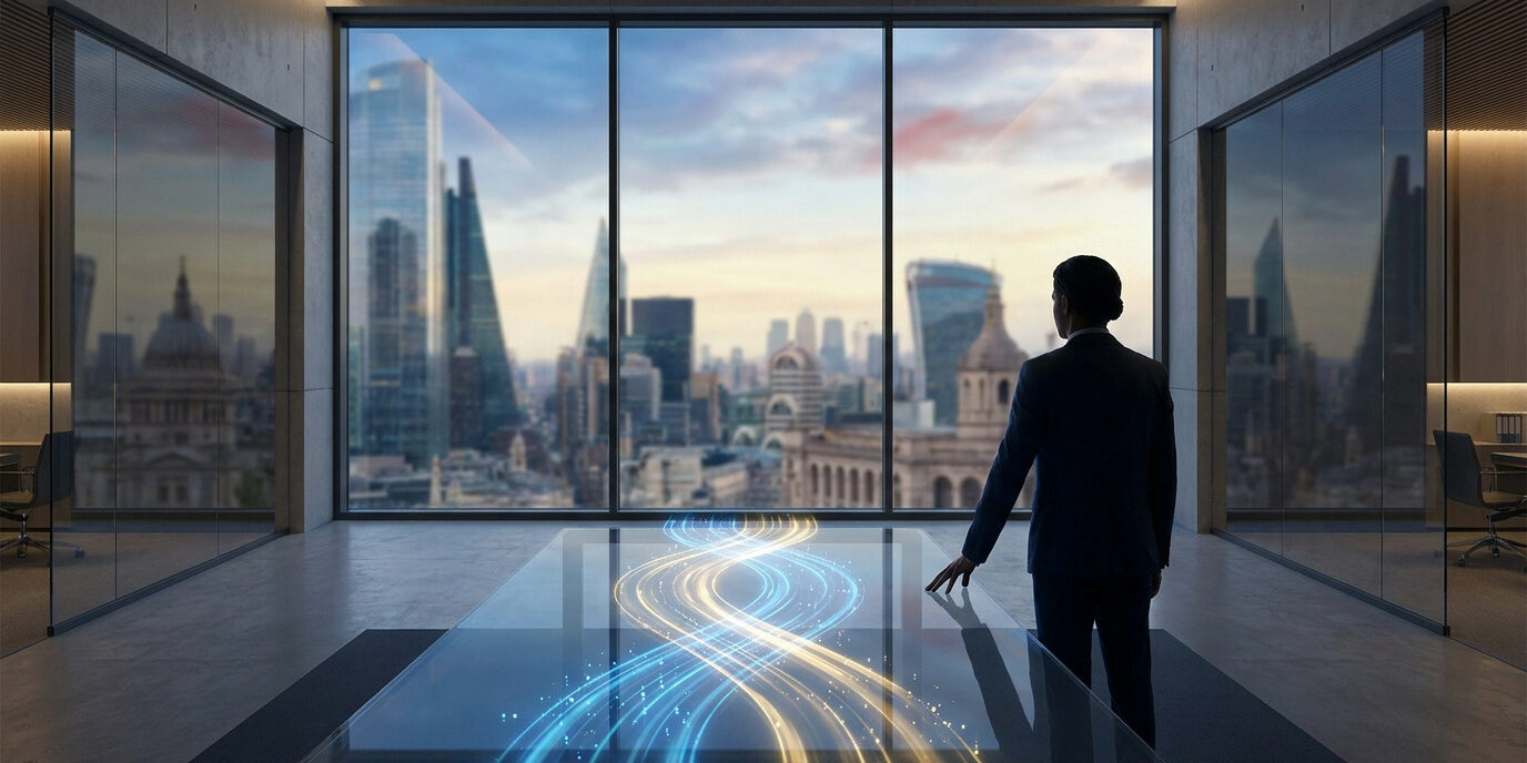 Un cadre d'entreprise observe une skyline urbaine depuis un bureau moderne avec une table holographique interactive.