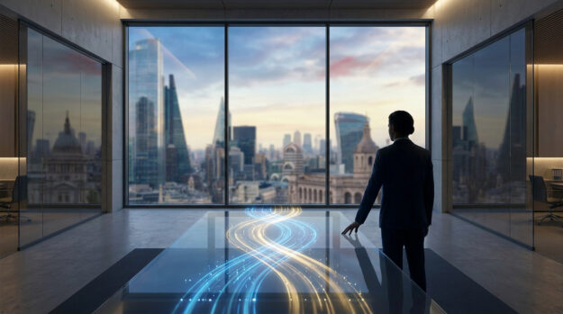 Un cadre d'entreprise observe une skyline urbaine depuis un bureau moderne avec une table holographique interactive.