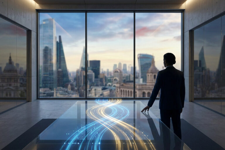 Un cadre d'entreprise observe une skyline urbaine depuis un bureau moderne avec une table holographique interactive.