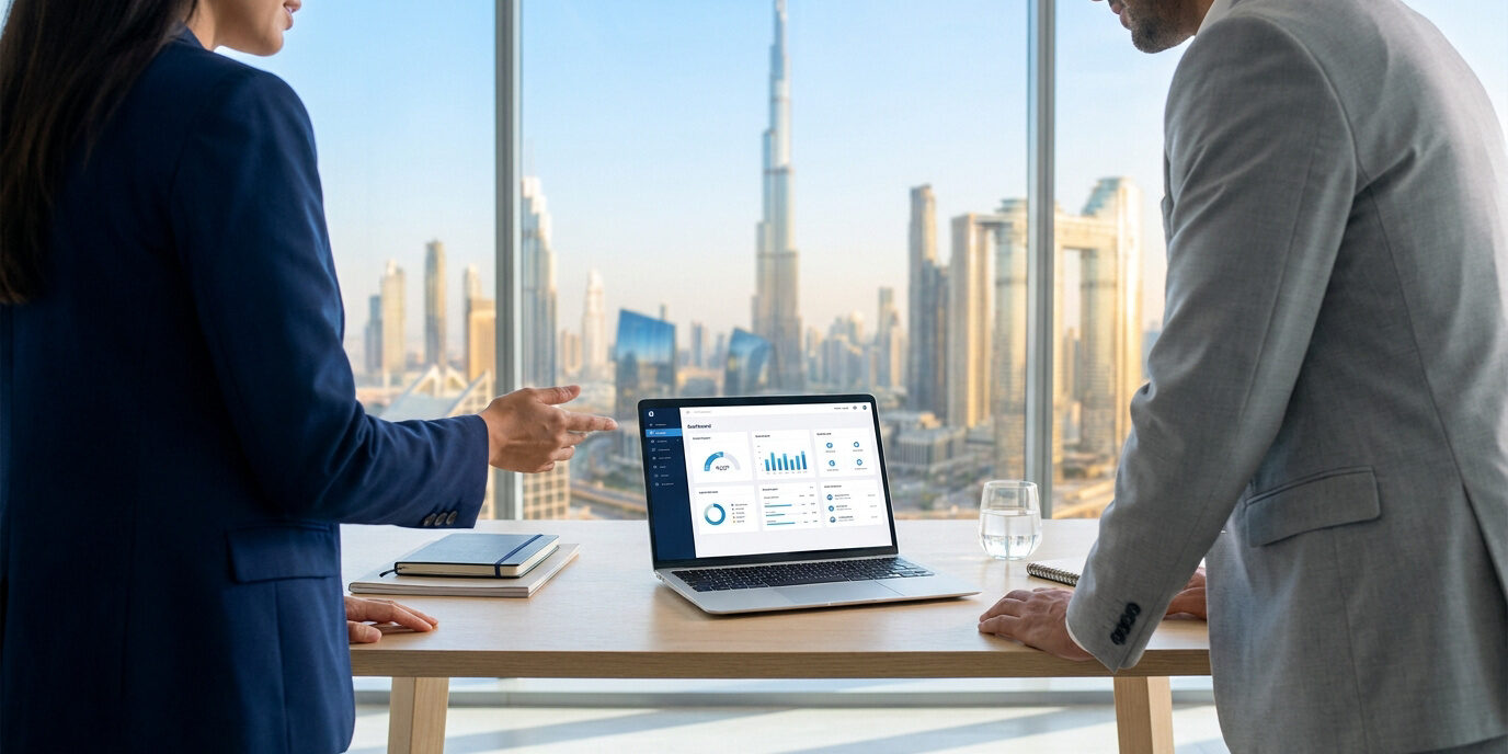 Renouvellement de licence freezone à Dubaï Deux professionnels en costume discutent devant un ordinateur affichant un tableau de bord, avec la skyline de Dubaï en fond.