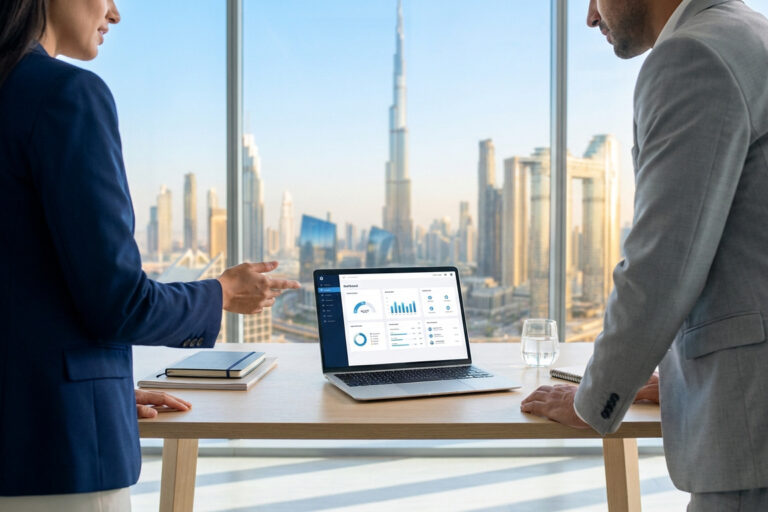 Deux professionnels en costume discutent devant un ordinateur affichant un tableau de bord, avec la skyline de Dubaï en fond.