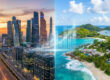 Comparaison visuelle entre un centre financier urbain à Dubaï et une île tropicale aux Seychelles avec un graphique financier.