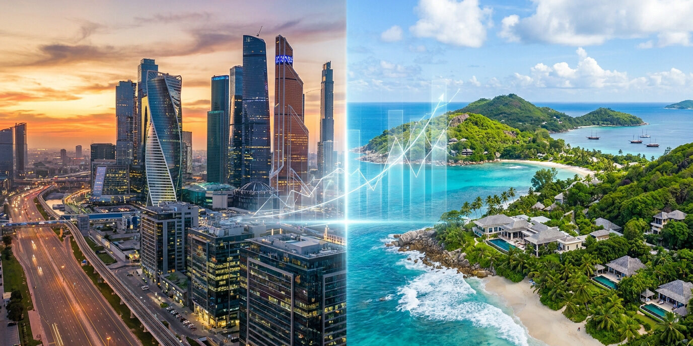 Comparaison visuelle entre un centre financier urbain à Dubaï et une île tropicale aux Seychelles avec un graphique financier.