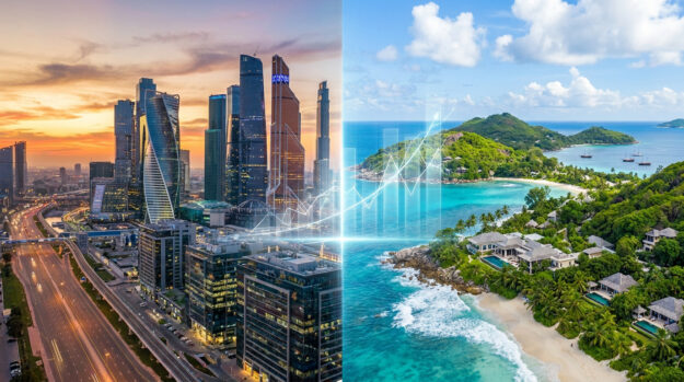 Comparaison visuelle entre un centre financier urbain à Dubaï et une île tropicale aux Seychelles avec un graphique financier.