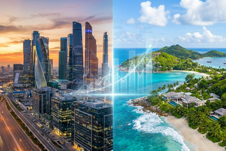 Comparaison visuelle entre un centre financier urbain à Dubaï et une île tropicale aux Seychelles avec un graphique financier.