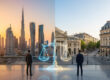 Deux hommes d'affaires face à une balance de justice numérique entre les paysages de Dubaï et de Paris.