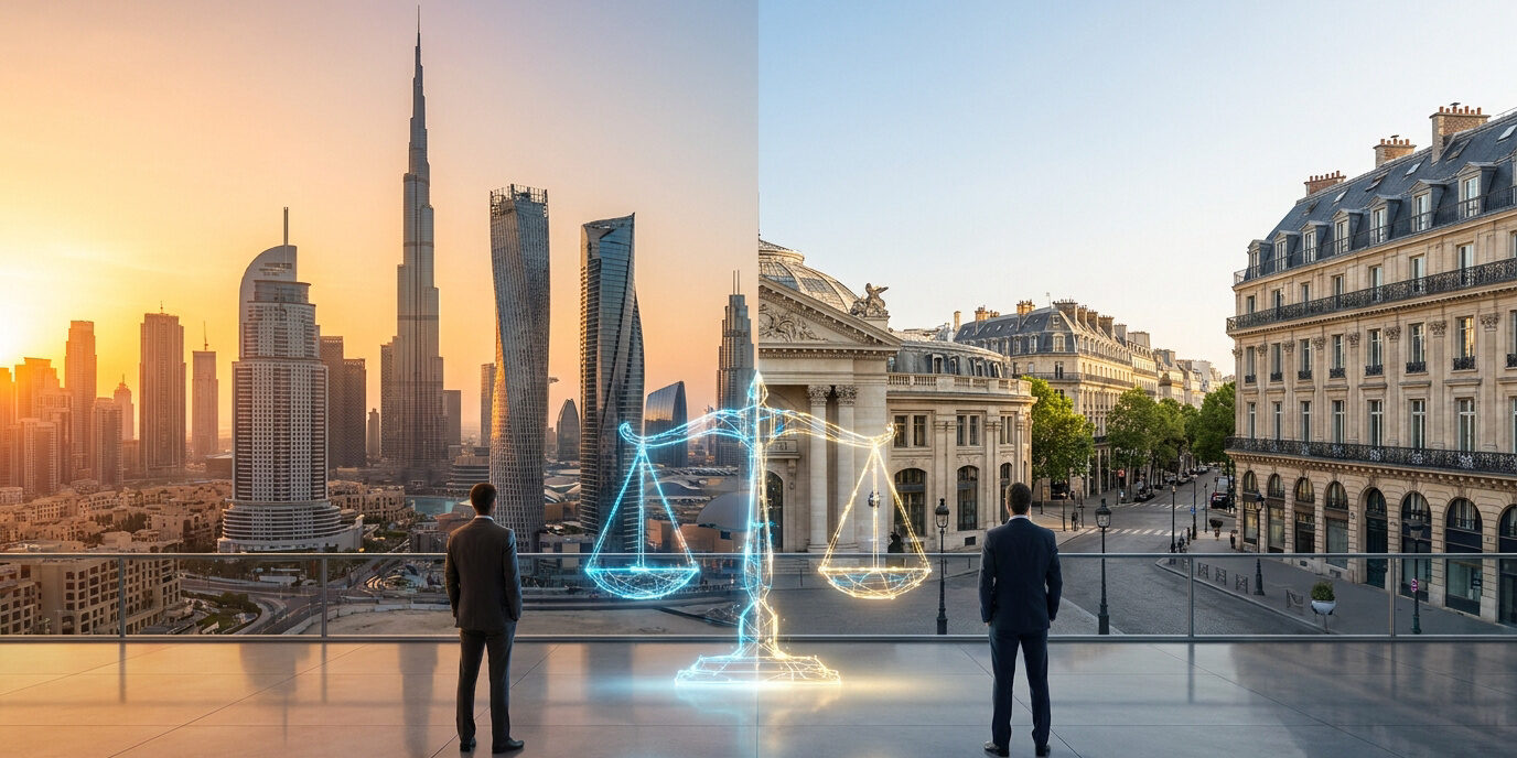 Deux hommes d'affaires face à une balance de justice numérique entre les paysages de Dubaï et de Paris.
