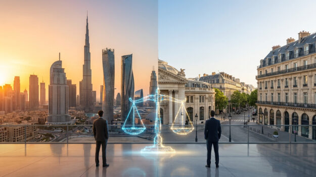 Deux hommes d'affaires face à une balance de justice numérique entre les paysages de Dubaï et de Paris.