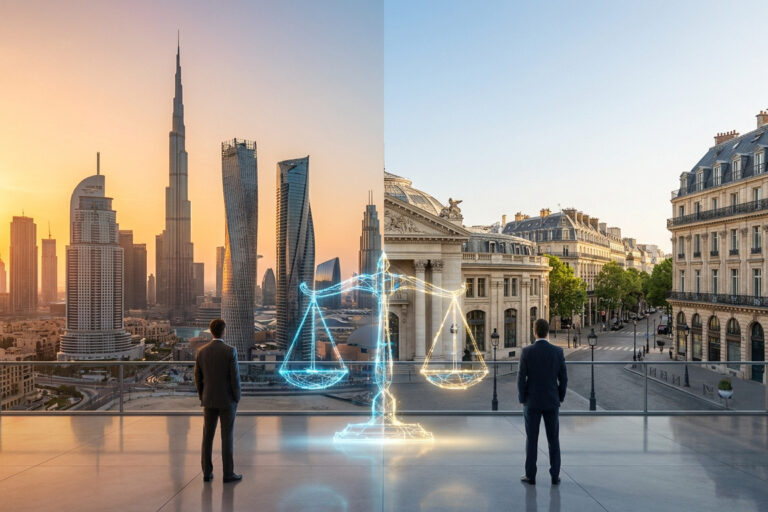 Deux hommes d'affaires face à une balance de justice numérique entre les paysages de Dubaï et de Paris.