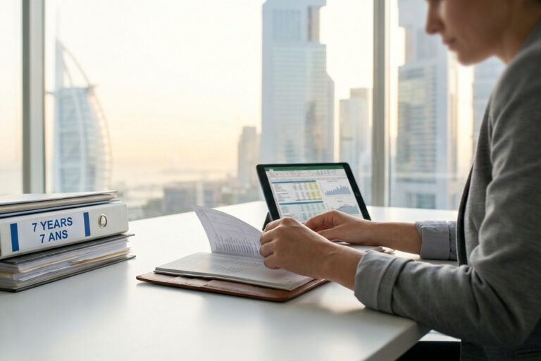 Une professionnelle travaille dans un bureau avec vue sur Dubaï, avec un classeur marqué "7 ans" sur son bureau.