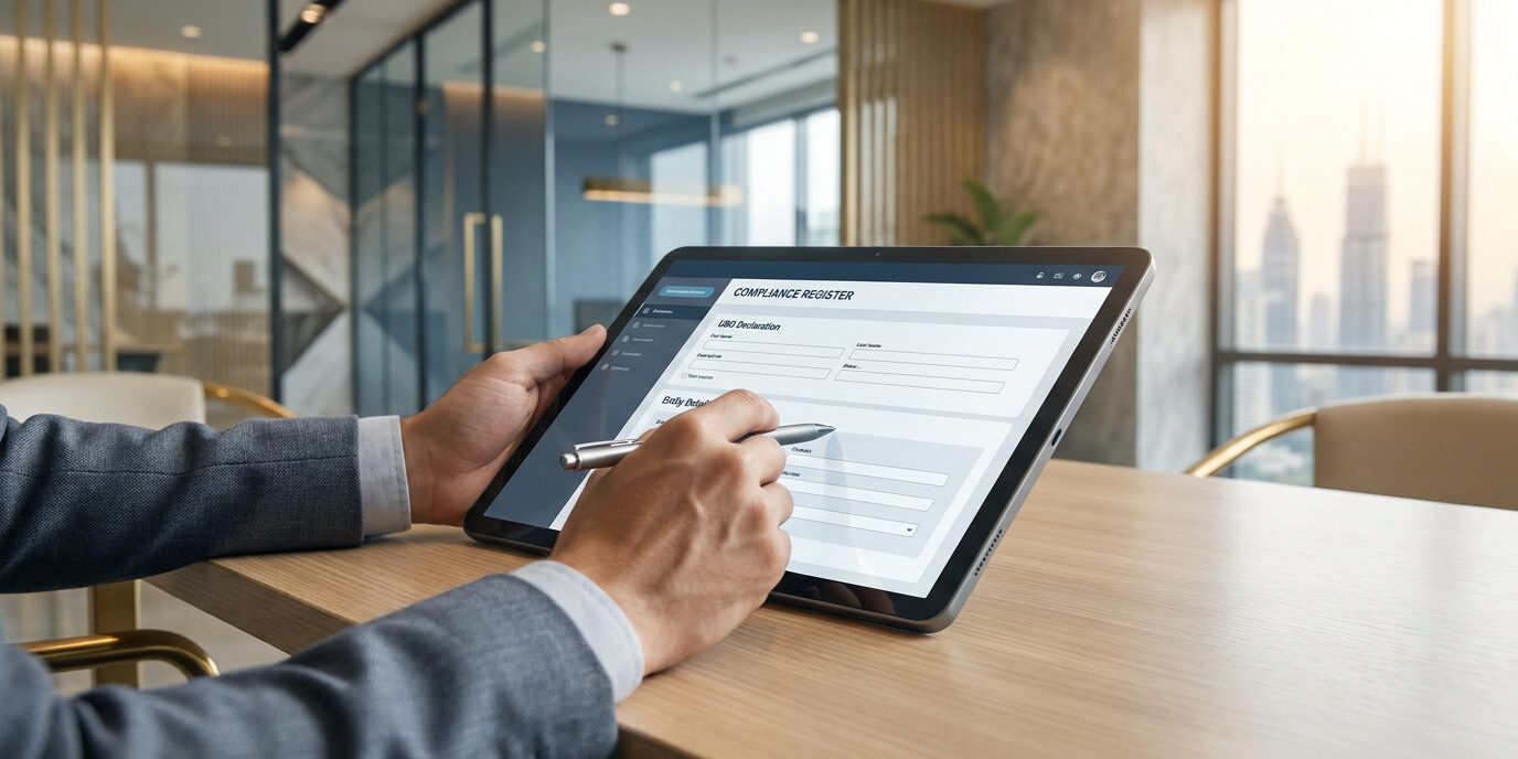 Déclaration UBO : conformité aux Émirats Arabes Unis Personne en costume remplissant un formulaire de déclaration UBO sur une tablette dans un bureau moderne.