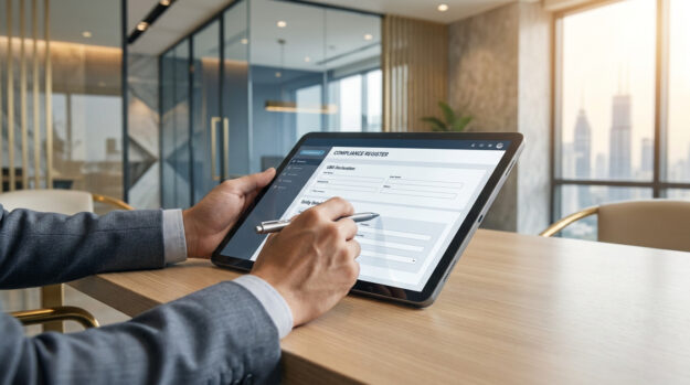Personne en costume remplissant un formulaire de déclaration UBO sur une tablette dans un bureau moderne.