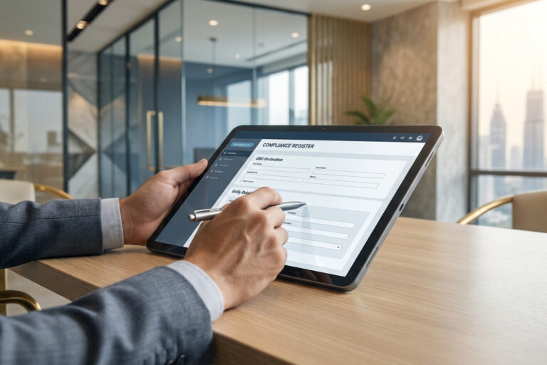 Personne en costume remplissant un formulaire de déclaration UBO sur une tablette dans un bureau moderne.