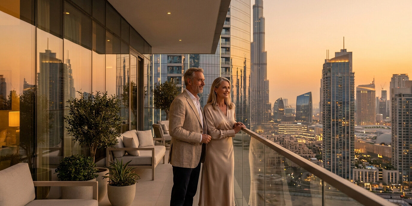 Retraite dorée à Dubaï : un avenir radieux Un couple de retraités élégants sur le balcon d'un appartement de luxe à Dubaï, admirant la vue sur le Burj Khalifa.