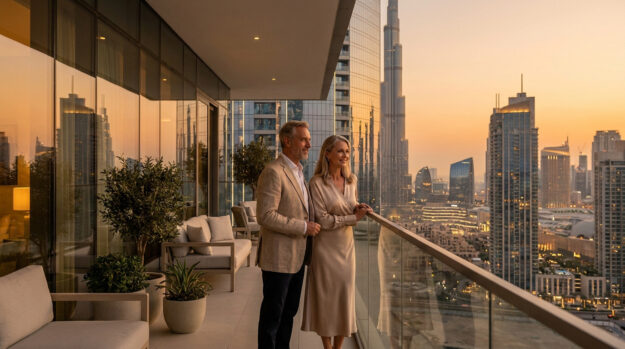 Un couple de retraités élégants sur le balcon d'un appartement de luxe à Dubaï, admirant la vue sur le Burj Khalifa.