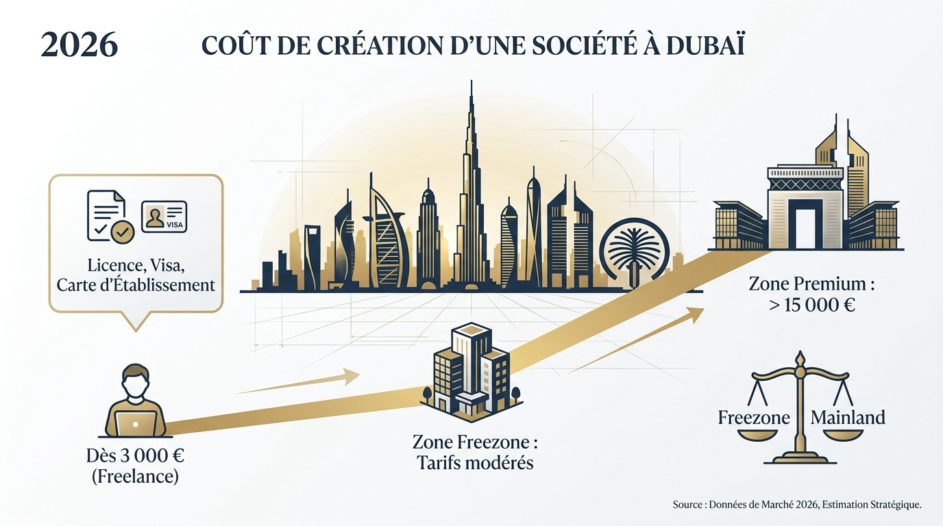Tableau comparatif des prix de création de société à Dubaï en 2026 selon les zones