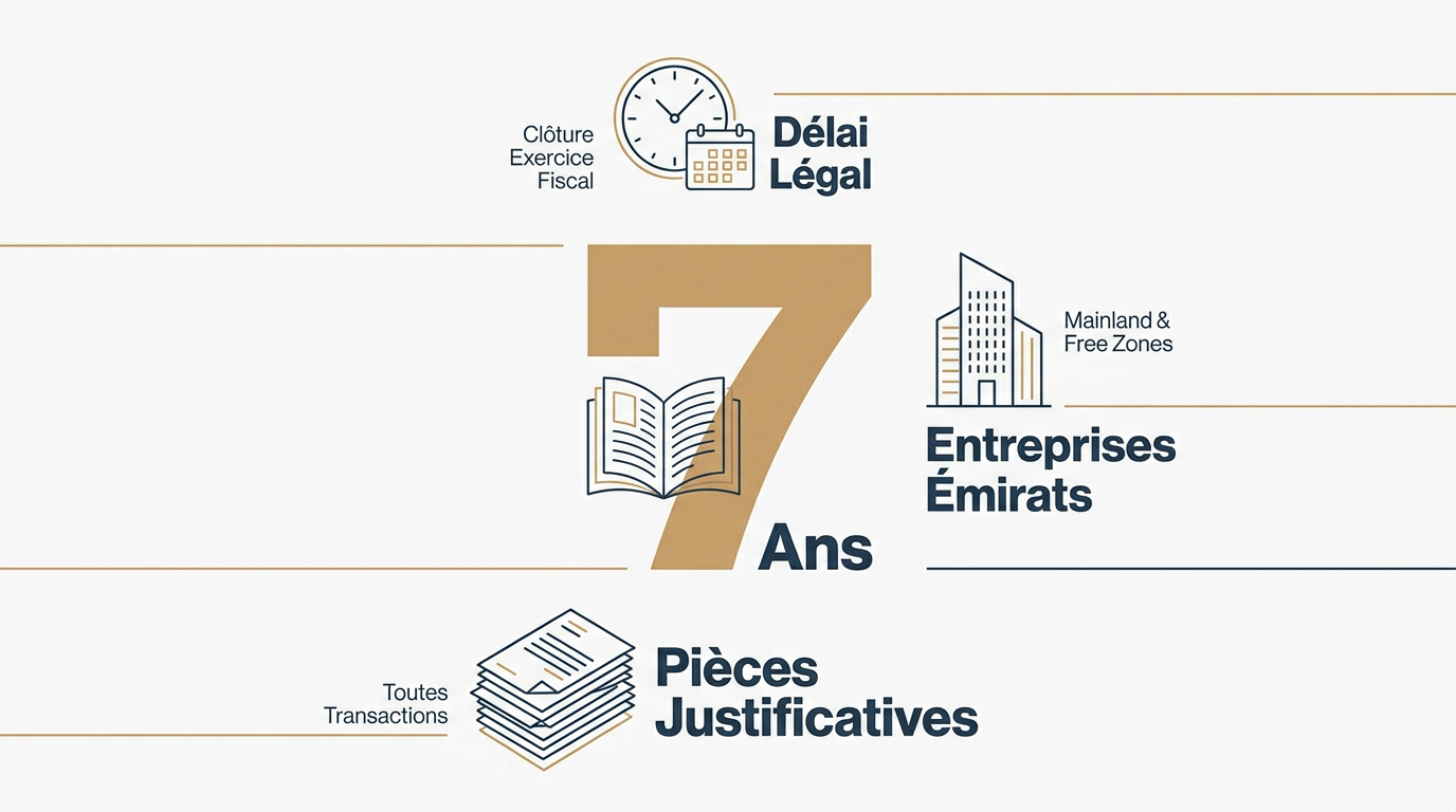 Infographie sur la durée de conservation de 7 ans des documents comptables aux Émirats Arabes Unis