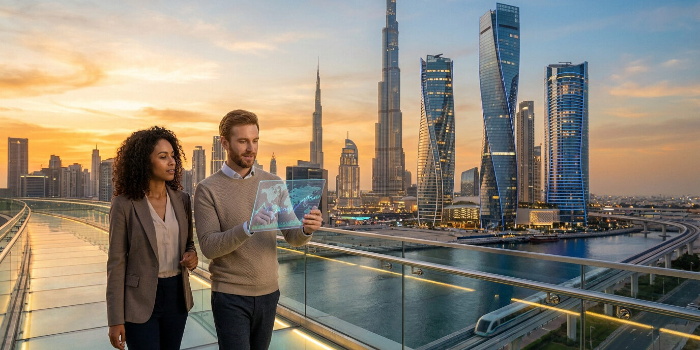 Un homme et une femme d'affaires regardent des données financières sur une tablette numérique devant la skyline de Dubaï.