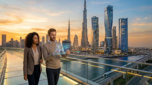 Un homme et une femme d'affaires regardent des données financières sur une tablette numérique devant la skyline de Dubaï.