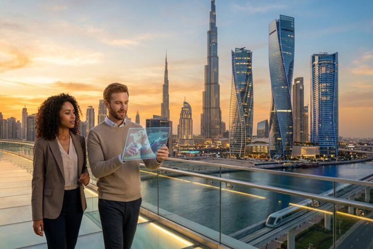 Un homme et une femme d'affaires regardent des données financières sur une tablette numérique devant la skyline de Dubaï.