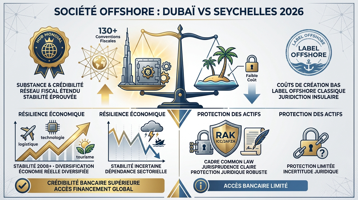 Infographie comparative société offshore Dubaï vs Seychelles 2026