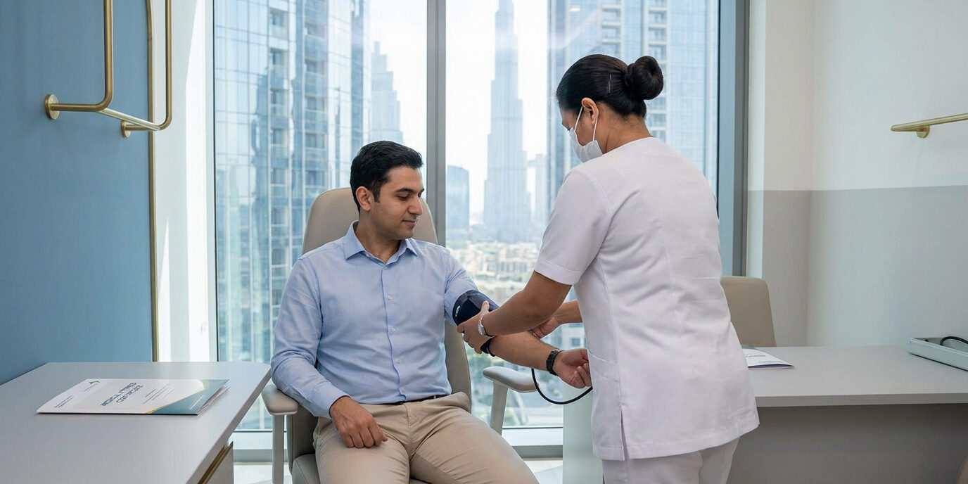 Une infirmière prend la tension artérielle d'un homme dans un cabinet médical moderne avec vue sur Dubaï.