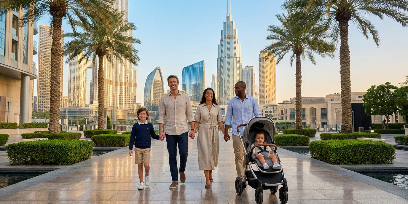 Une famille heureuse se promène avec son enfant en poussette dans un parc moderne avec les gratte-ciels de Dubaï en arrière.
