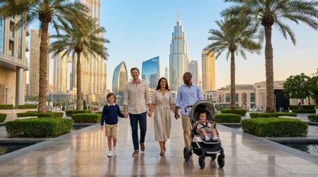 Une famille heureuse se promène avec son enfant en poussette dans un parc moderne avec les gratte-ciels de Dubaï en arrière.