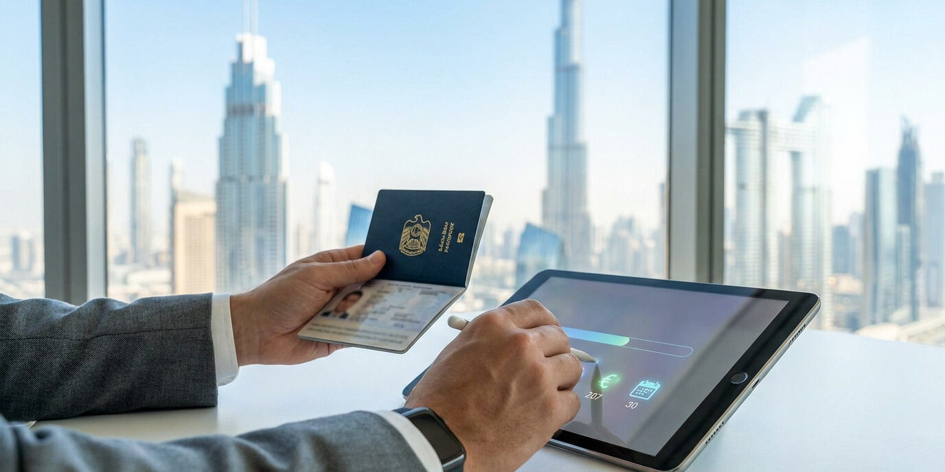 Renouvellement de visa à Dubaï : démarches en ligne Une personne tenant un passeport émirati et utilisant une tablette numérique avec une vue sur les gratte-ciels de Dubaï.