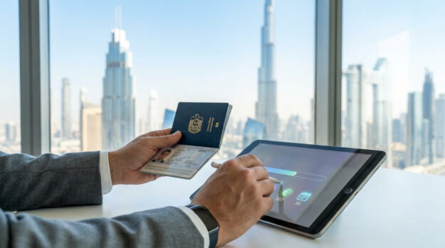 Une personne tenant un passeport émirati et utilisant une tablette numérique avec une vue sur les gratte-ciels de Dubaï.