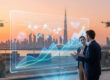 Deux professionnels analysant un écran holographique de données logistiques devant la skyline de Dubaï au coucher du soleil.