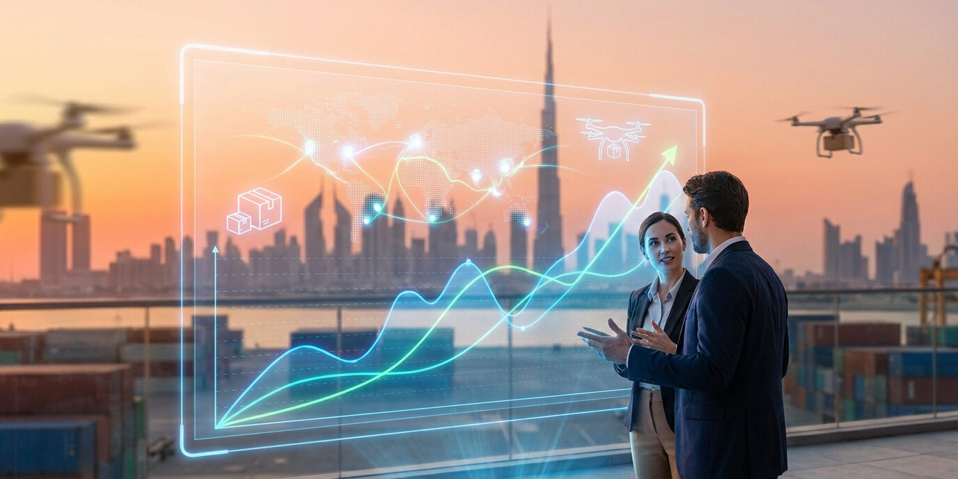 E-commerce et zones franches à Dubaï Deux professionnels analysant un écran holographique de données logistiques devant la skyline de Dubaï au coucher du soleil.