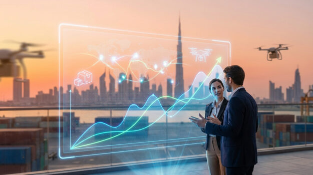 Deux professionnels analysant un écran holographique de données logistiques devant la skyline de Dubaï au coucher du soleil.