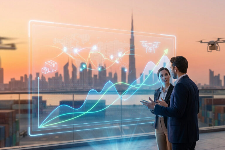 Deux professionnels analysant un écran holographique de données logistiques devant la skyline de Dubaï au coucher du soleil.