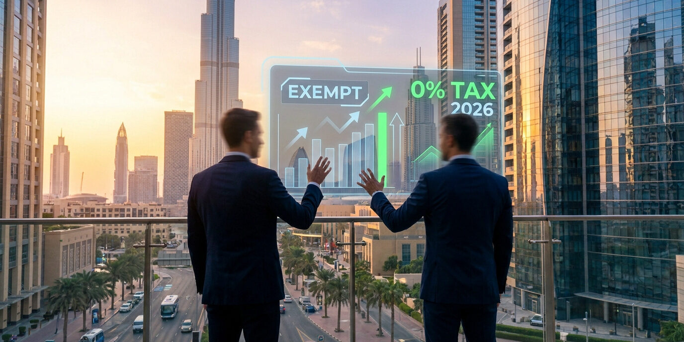 Deux hommes d'affaires regardent un hologramme futuriste affichant une exonération fiscale de 0% avec Dubaï en arrière-plan.
