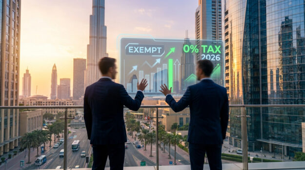 Deux hommes d'affaires regardent un hologramme futuriste affichant une exonération fiscale de 0% avec Dubaï en arrière-plan.