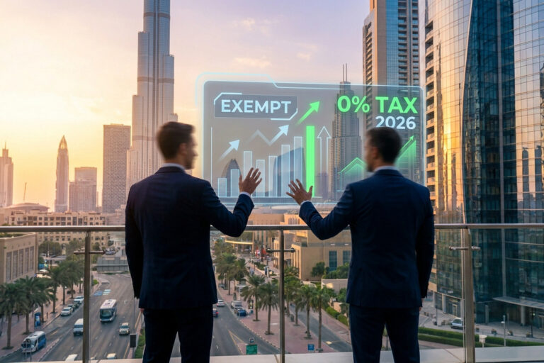 Deux hommes d'affaires regardent un hologramme futuriste affichant une exonération fiscale de 0% avec Dubaï en arrière-plan.