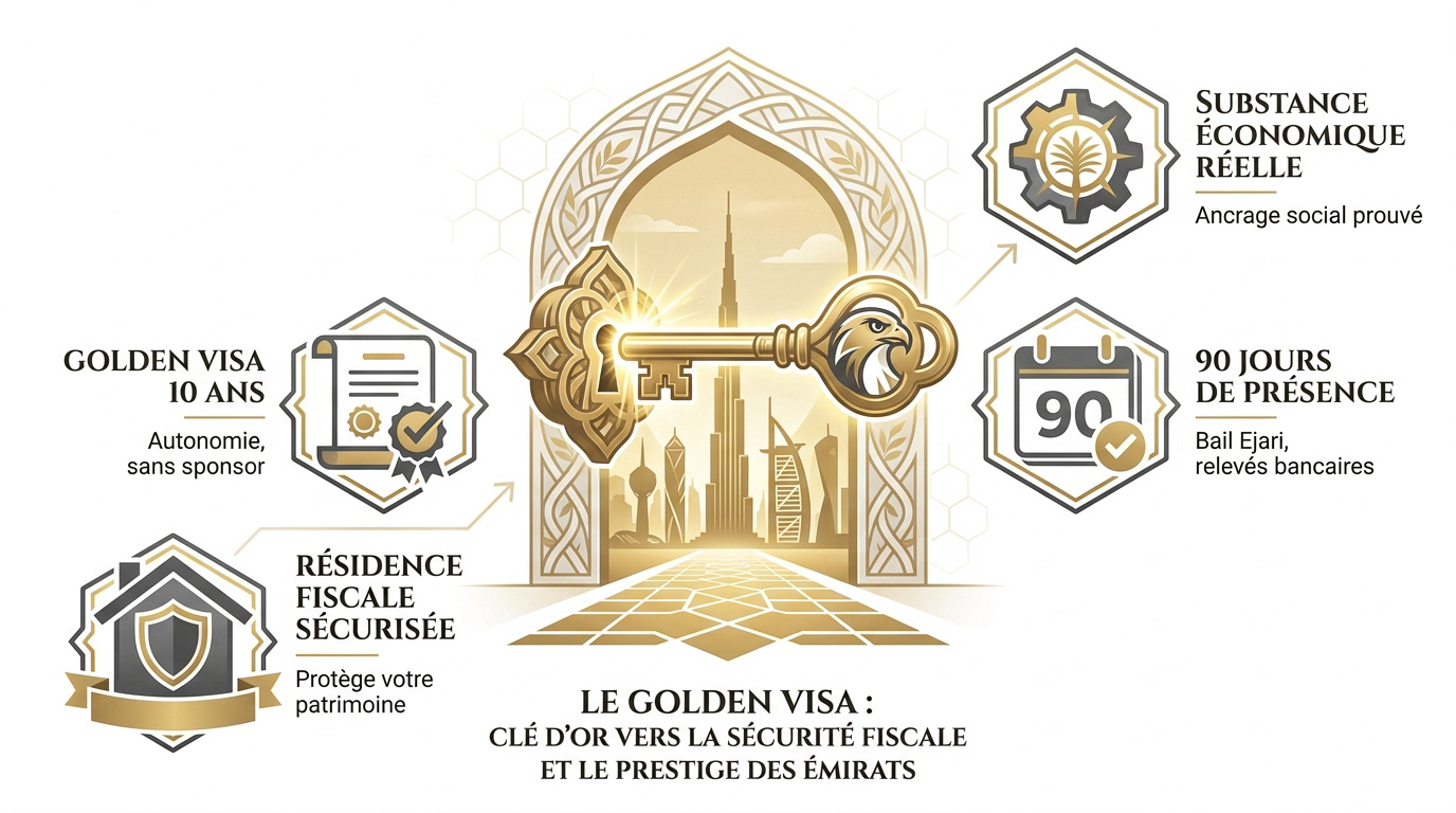 Clé dorée symbolisant le Golden Visa pour la gestion de fortune aux Émirats