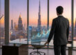 Un homme d'affaires observant un graphique de croissance numérique devant la skyline de Dubaï au coucher du soleil.