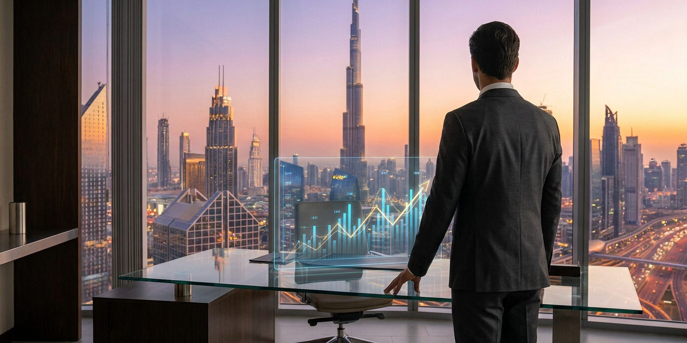 Un homme d'affaires observant un graphique de croissance numérique devant la skyline de Dubaï au coucher du soleil.