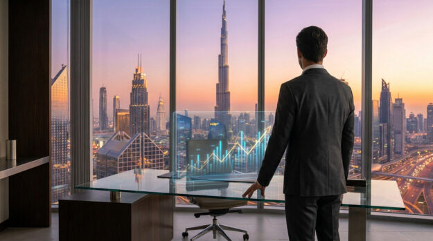 Un homme d'affaires observant un graphique de croissance numérique devant la skyline de Dubaï au coucher du soleil.